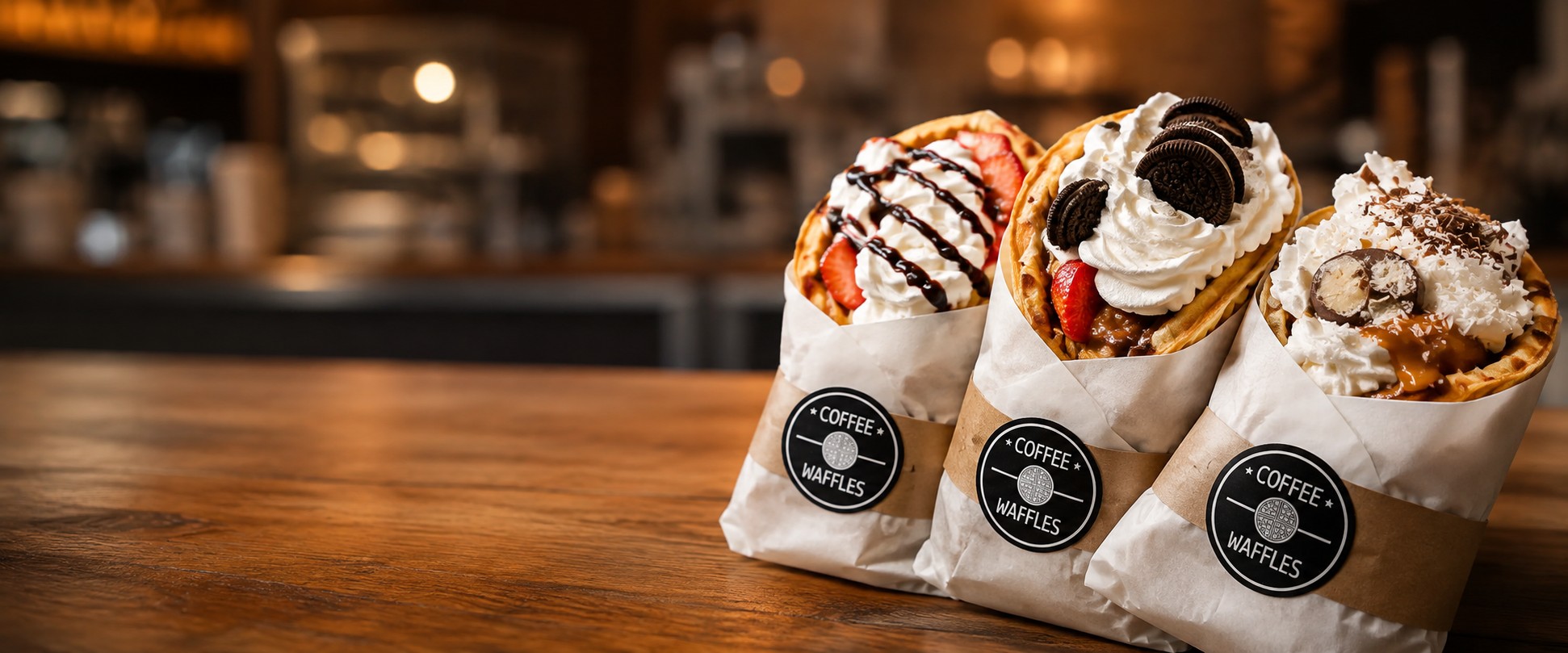 Waffle con fruta, helado y café