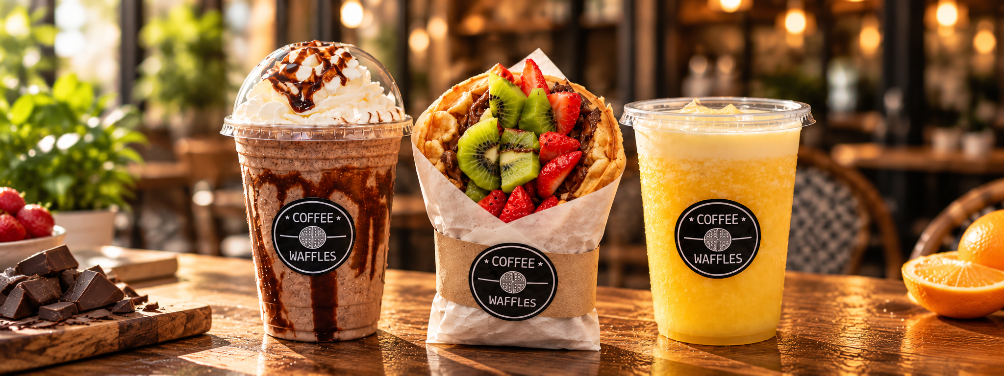 Waffle, frappé y jugo Coffee Waffles
